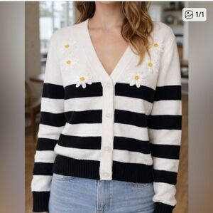 Striped Black and White With Dloral Embroidery & Yellow Beads Cardigan Sweater
